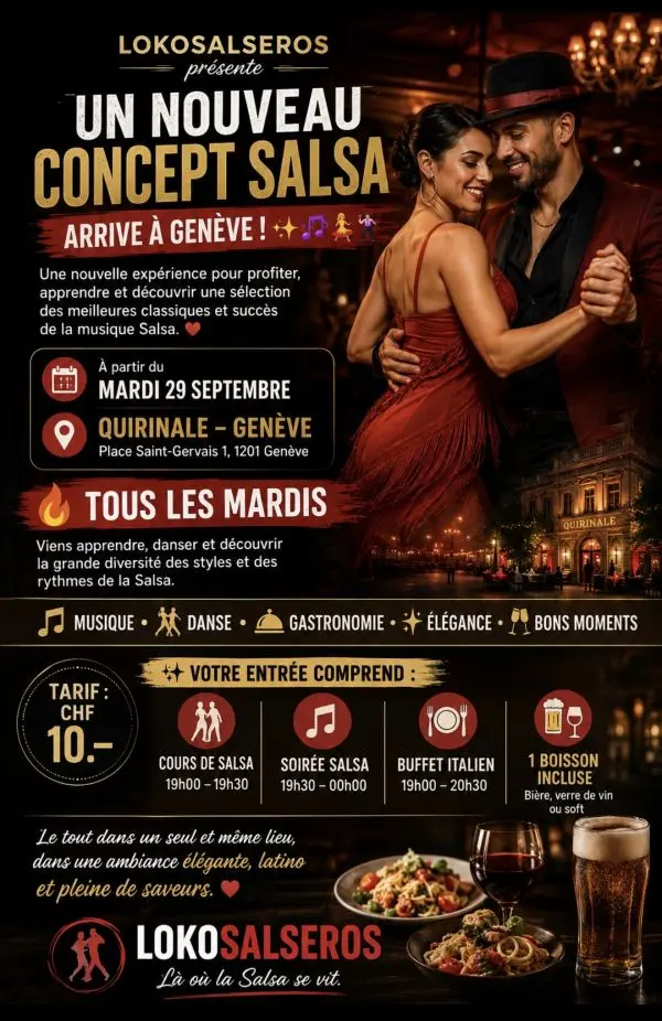 Affiche noire et rouge de Lokosalseros montrant un couple enlacé en robe rouge et chapeau, annonçant le nouveau concept salsa du mardi au Quirinale à Genève à CHF 10.