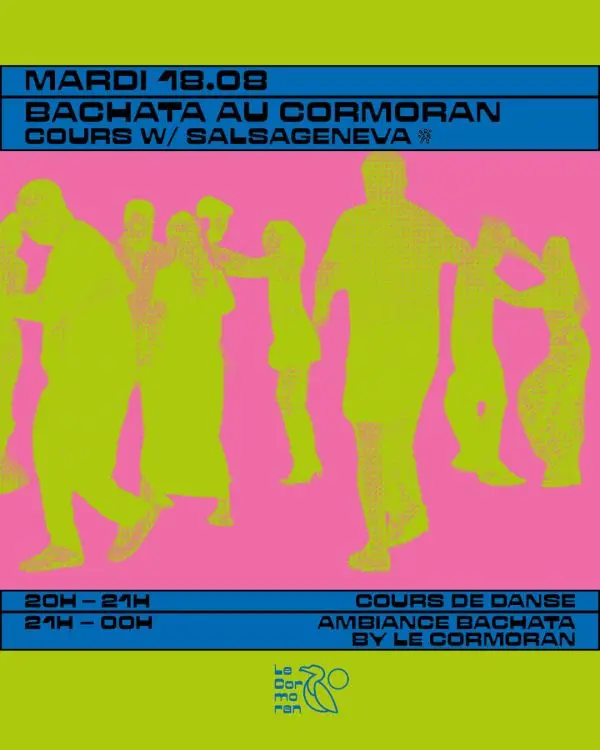Affiche de BACHATA au Cormoran · Cours gratuit SalsaGeneva + Social · Quai du Mont-Blanc, Genève (mar 18/8)