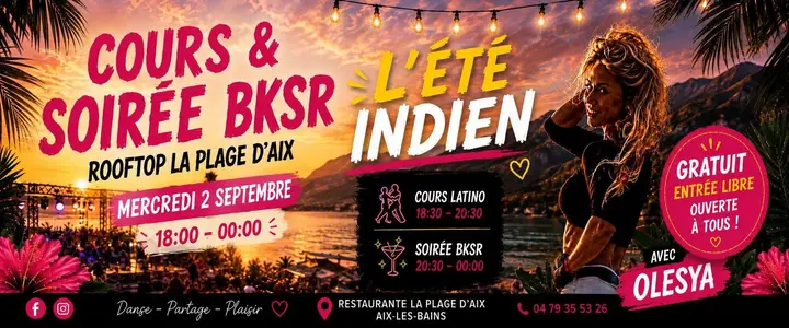 Affiche fuchsia sur un coucher de soleil au bord du lac annonçant Cours & Soirée BKSR L'Été Indien au rooftop La Plage d'Aix, mercredi 2 septembre, avec Olesya