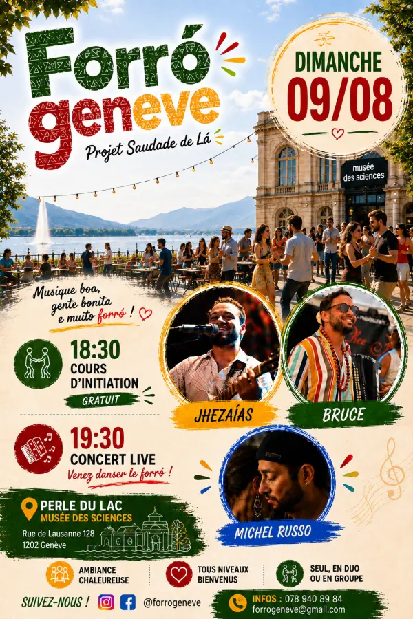 Affiche de Forró · cours d'initiation gratuit + concert live · Musée d'histoire des sciences · Genève (dim 09/08)