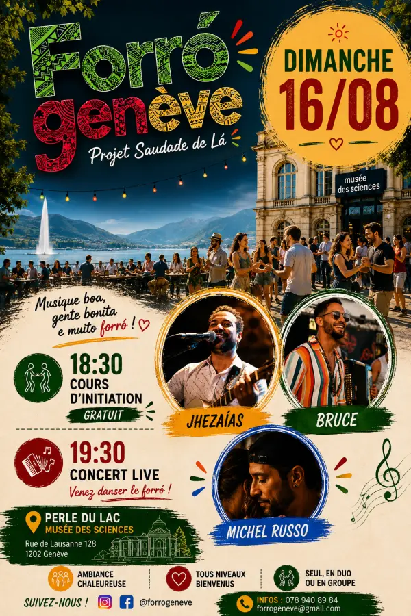 Affiche de Forró Genève · cours d'initiation gratuit + concert live · Perle du Lac · Genève (dim 16/08)