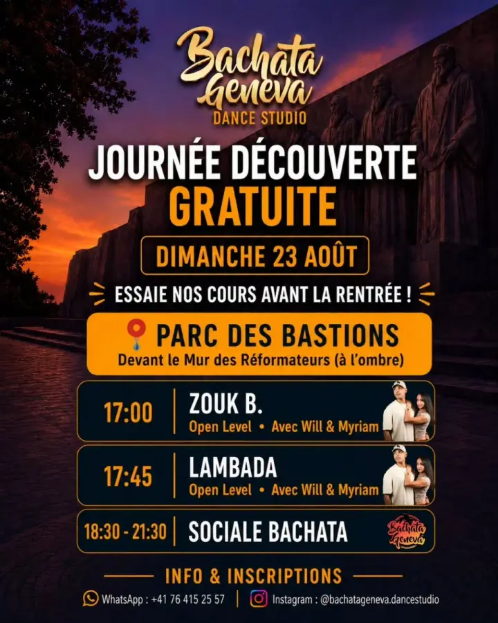 Affiche de Journée Découverte GRATUITE · Zouk brésilien, Lambada & Sociale Bachata · Parc des Bastions · Genève (dim 23 août)