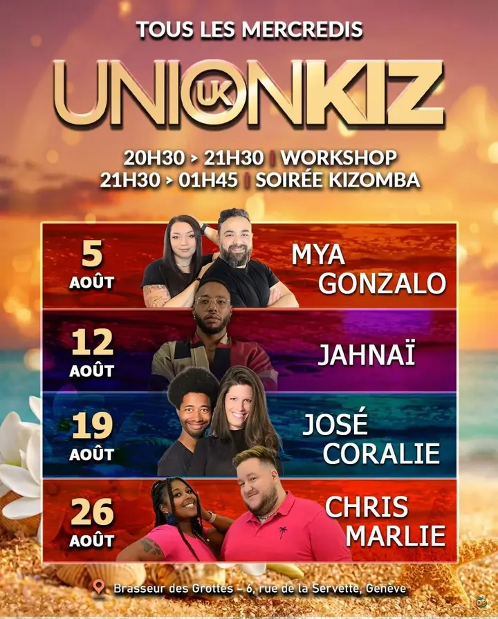 Affiche de L'UNION KIZ · Soirée Kizomba + workshop Jahnaï · Brasseur des Grottes · Genève (mercredi 12 août)
