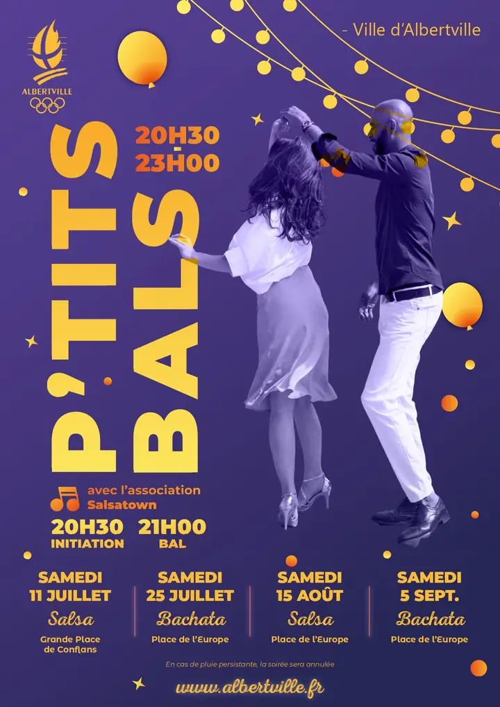 Affiche de P'tit Bal · initiation SALSA + bal en plein air · Place de l'Europe · Albertville (sam 15 août)