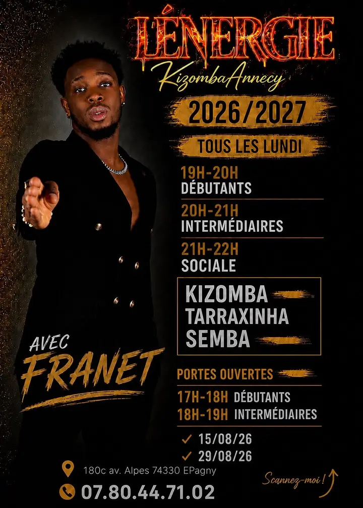 Affiche de Portes Ouvertes L'ÉNERGIE Kizomba Annecy · Kizomba/Tarraxinha/Semba · Épagny (sam 15 août)