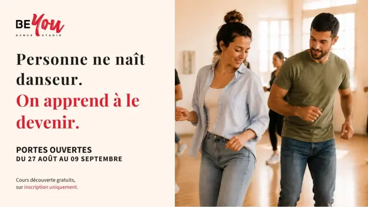 Affiche crème du Be You Dance Studio : un couple danse dans un studio lumineux, à côté du slogan « Personne ne naît danseur. On apprend à le devenir ».
