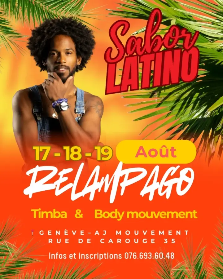 Affiche de RELAMPAGO · Timba & Body Mouvement · Jour 1/3 · Aj Movement · Genève (lun 17 août)