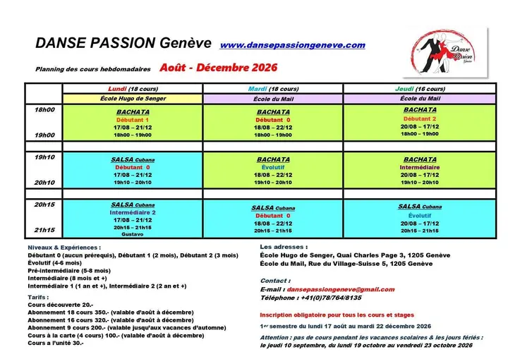 Affiche de Rentrée Danse Passion Genève · Salsa Cubaine & Bachata · Plainpalais · Genève (dès lun 17 août)