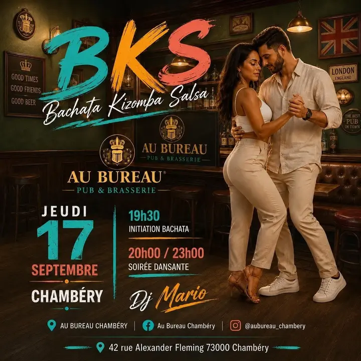 Affiche turquoise et orange « BKS » sur fond de pub boisé, où un couple danse enlacé ; jeudi 17 septembre, Chambéry, DJ Mario.