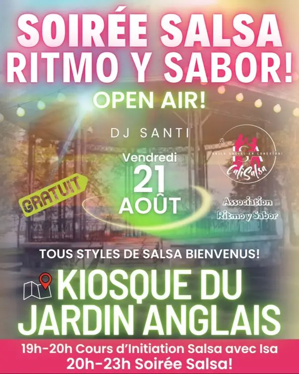 Affiche de Soirée Salsa Ritmo y Sabor · Open Air Kiosque du Jardin Anglais · Genève (ven 21 août)