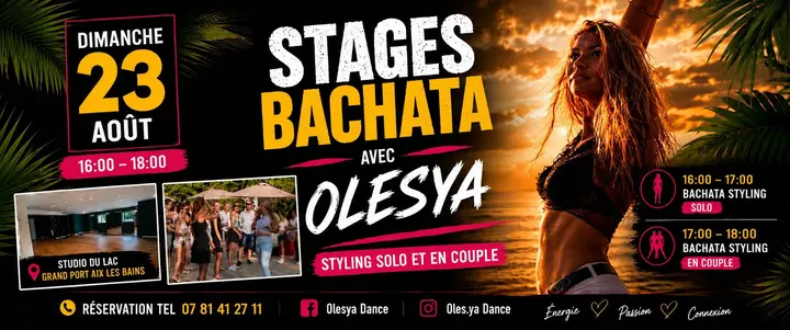Affiche de Stages Bachata Solo & en Couple · Olesya · Studio du Lac Grand Port · Aix-les-Bains (dim 23/8)