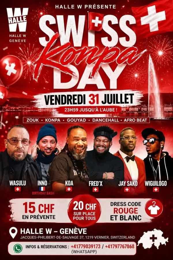 Affiche de Swiss Konpa Day · Konpa Gouyad Zouk · Halle W · Vernier-Genève (ven 31 juillet)