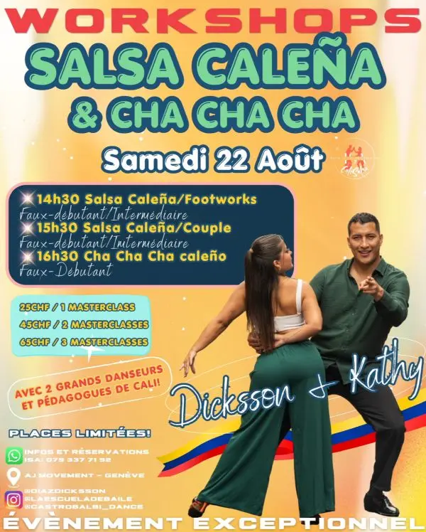 Affiche de Workshops Salsa Caleña & Cha-Cha-Cha avec Dicksson & Kathy · AJ Movement · Genève (sam 22 août)