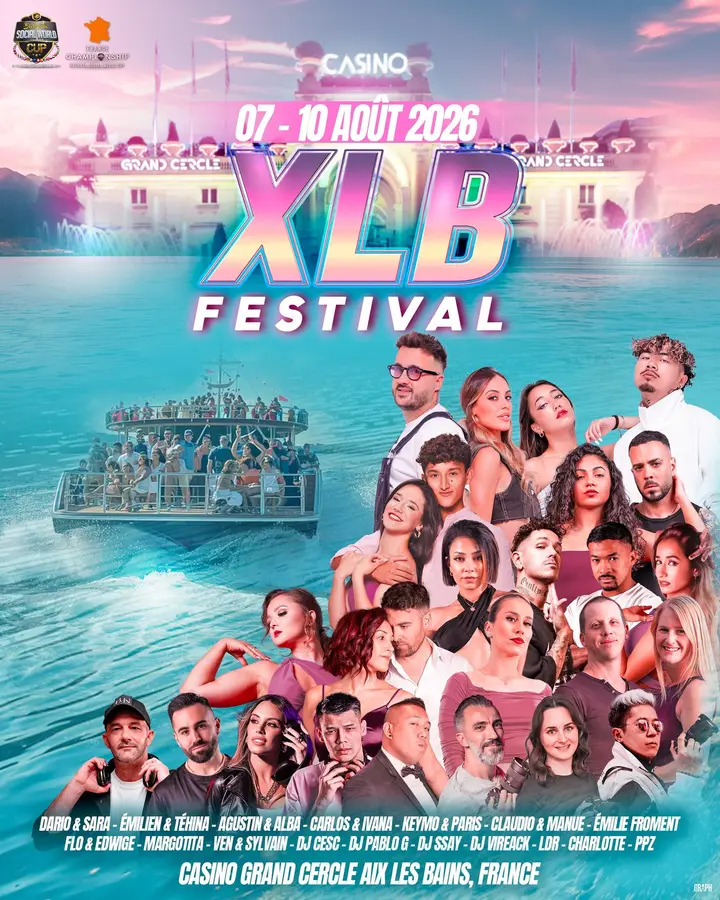 Affiche de XLB Festival 2026 · 100 % Bachata (3e édition) · Casino Grand Cercle · Aix-les-Bains (7→10 août)