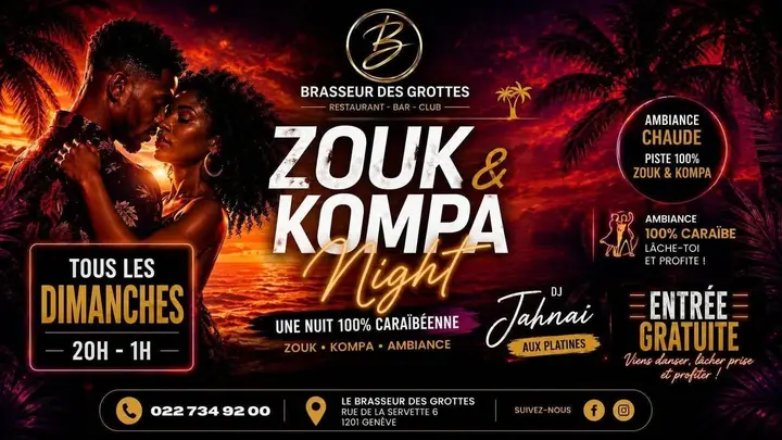 Affiche de ZOUK & KOMPA NIGHT · Brasseur des Grottes · Genève (dim 2 août)
